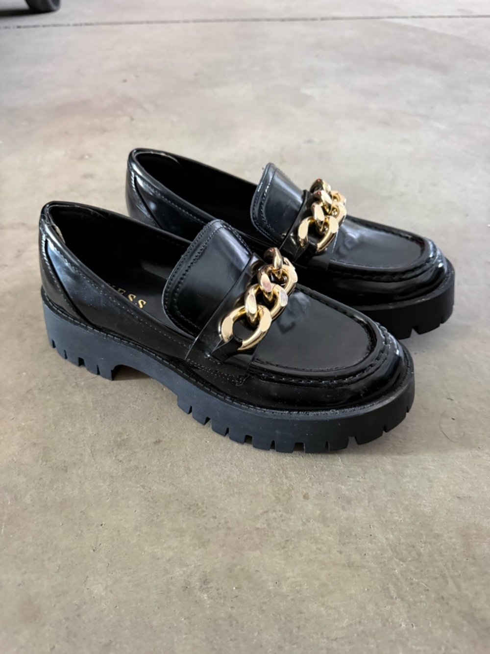 Guess Black Patent Loafers with Gold Chain Accent